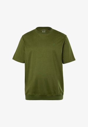 Oliwkowy t-shirt z krótkim rękawem wykonany z miękkiej bawełny, z okrągłym dekoltem i małym logo w lewym górnym rogu.