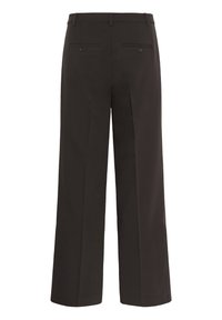 Zwarte wijde broek met een gladde textuur, voorzien van twee achterzakken en een schone tailleband, geschikt voor zowel formele als casual gelegenheden.
