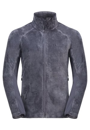 Szara kurtka polarowa na pełny zamek, z wysokim kołnierzem, długimi rękawami i zamykanymi na zamek kieszeniami bocznymi, z małym logo na piersi.