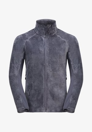 Grå fleecejakke med fuld lynlås, høj krave, lange ærmer og lynlåslommer i siden, med et lille logo på brystet.