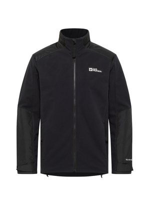 Schwarze Jacke mit einem glatten Fleece-Körper und strukturierten schwarzen Einsätzen an Schultern und Ärmeln. Hat einen durchgehenden Reißverschluss und Logos.