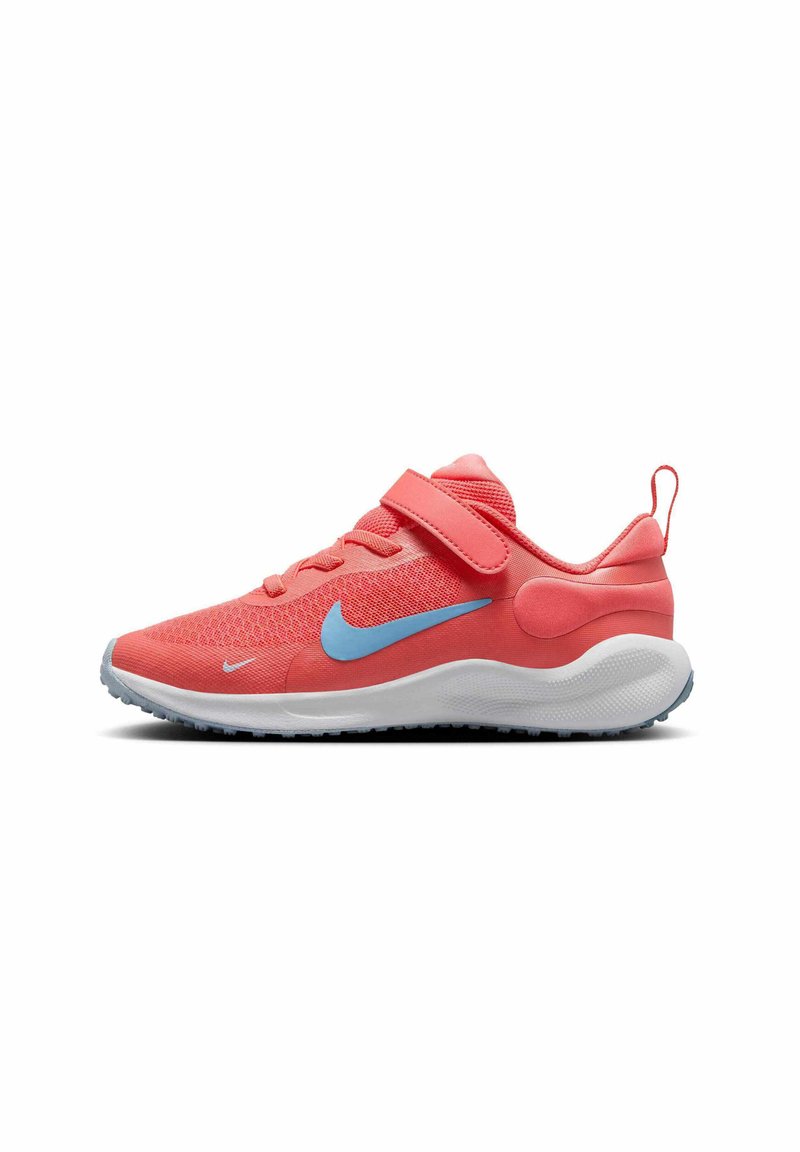 Pink athletic shoe with mesh upper, blue Nike swoosh, adjustable strap, padded collar, and rubber sole with textured traction.