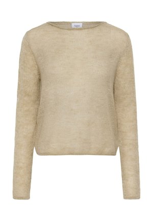 Beige knit sweater with long sleeves, a round neckline, and a relaxed fit. The texture is soft and slightly fuzzy, offering a lightweight appearance.