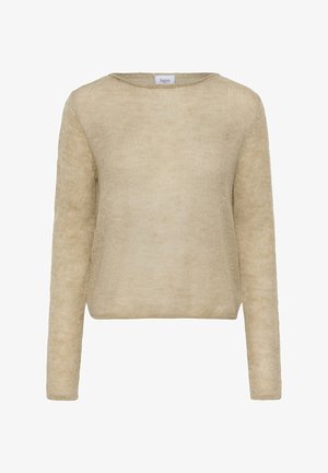 Beige knit sweater with long sleeves, a round neckline, and a relaxed fit. The texture is soft and slightly fuzzy, offering a lightweight appearance.