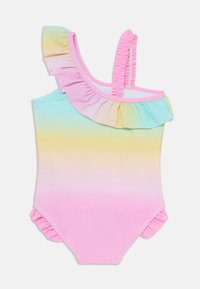 Maillot de bain une pièce en dégradé pastel : rose, jaune et vert menthe. Présente un décolleté à volants et des bretelles, avec des détails froncés au niveau des jambes.