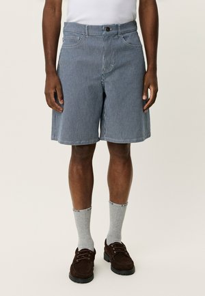 Shorts rayés bleus avec une coupe décontractée, fermeture à boutons et passants pour ceinture. Portés avec des chaussettes grises et des chaussures marron. Design simple, tissu léger.