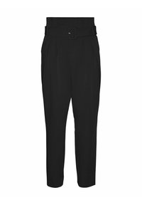 Pantalons noirs taille haute avec une taille ceinturée, des plis et un design fuselé, fabriqués à partir d'un tissu lisse à finition mate.