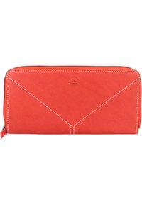 Rode leren portemonnee met witte stiksels en geometrisch ontwerp. Voorzien van een ritsluiting en een reliëflogo. Gladde textuur.