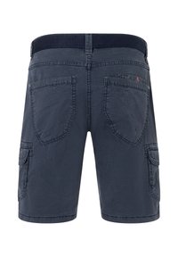Navy blue cargo shorts feature a stretch waistband, two back pockets, and reinforced stitching. Material is lightweight cotton blend with a smooth texture.