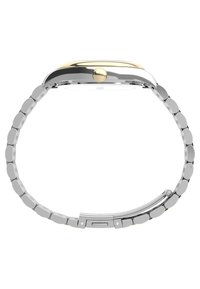 Montre en ton argent et or avec un boîtier rond, une lunette lisse, une couronne texturée et un bracelet en métal à maillons avec des maillons ovales.