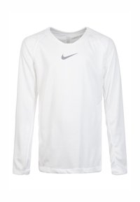 Langärmliges weißes Nike-Shirt aus glattem Stoff, mit einem dezenten grauen Logo auf der Brust und einem runden Halsausschnitt mit Raglanärmeln.