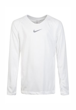 T-shirt Nike à manches longues en blanc, fabriqué en tissu lisse, avec un logo gris subtil sur la poitrine et un col rond avec des manches raglan.