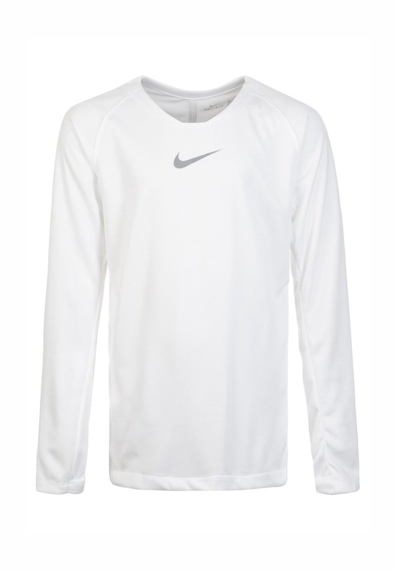 Langärmliges weißes Nike-Shirt aus glattem Stoff, mit einem dezenten grauen Logo auf der Brust und einem runden Halsausschnitt mit Raglanärmeln.