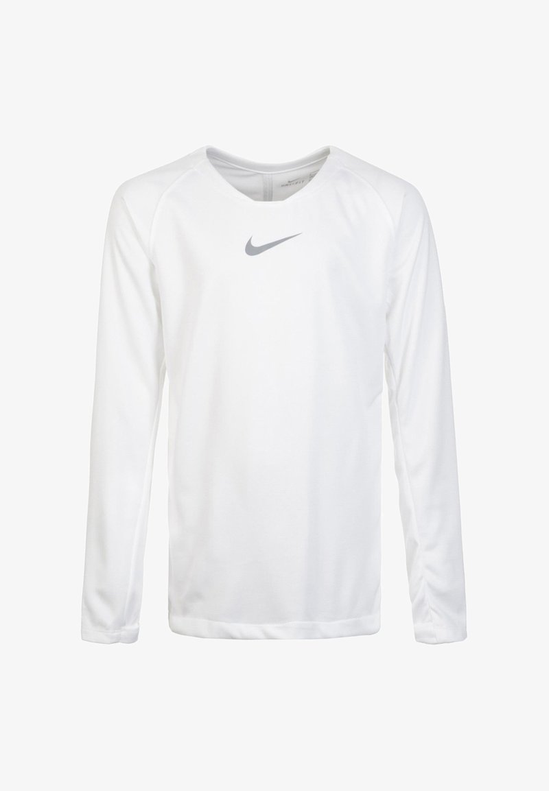 Langärmliges weißes Nike-Shirt aus glattem Stoff, mit einem dezenten grauen Logo auf der Brust und einem runden Halsausschnitt mit Raglanärmeln.
