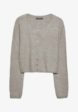 Cardigan cropped grigio chiaro in maglia morbida, con maniche lunghe, scollatura rotonda e sei bottoni metallici lungo la parte anteriore.