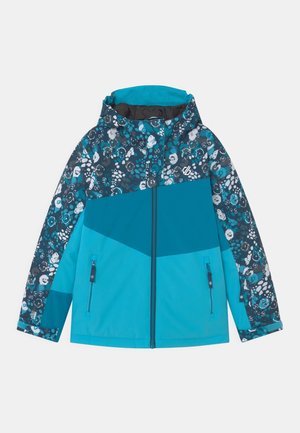 Blaue und türkisfarbene Kinderjacke mit floralem Muster an Ärmeln und oberem Bereich, Frontreißverschluss, Kapuze und seitlichen Reißverschlusstaschen.