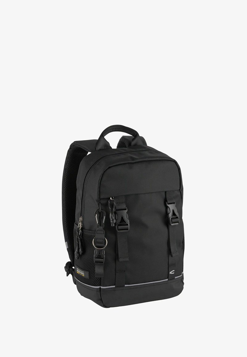 Black compact backpack with padded straps, front buckle closures, side mesh pocket, and top handle against a white background.