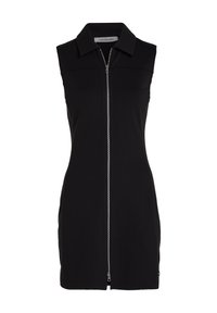 Svart ärmlös klänning med krage och dragkedja fram, designad för en figursydd silhuett. Enkel och modern stil.