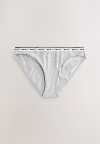 Culotte de bikini femme gris clair avec une ceinture élastique blanche comportant le texte répété « NEXT » en noir.
