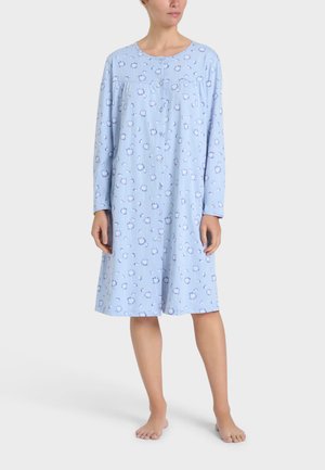 Vestito da notte azzurro chiaro con maniche lunghe, scollatura rotonda, chiusura a bottoni e stampa floreale. Tessuto morbido con vestibilità comoda e orlo all'altezza del ginocchio.