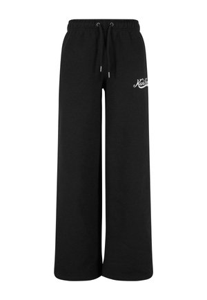 Pantaloni della tuta neri, a gamba larga, realizzati in tessuto morbido, con vita elasticizzata e coulisse, e un accento con logo bianco.