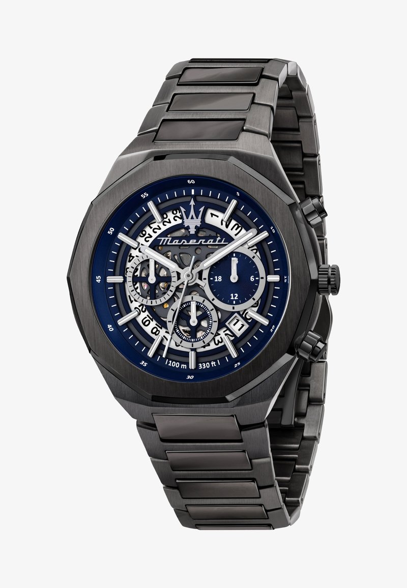 Montre chronographe Maserati avec bracelet en acier inoxydable, boîtier octagonal noir, cadran bleu, accents argentés et plusieurs sous-cadrans. Résistante à l'eau jusqu'à 100m.