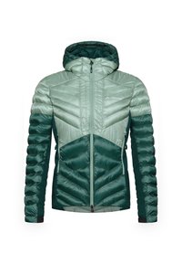 Giacca isolata verde con cappuccio, caratterizzata da un motivo a chevron, texture lucida, zip frontale e polsini elastici. Logo visibile sul petto.