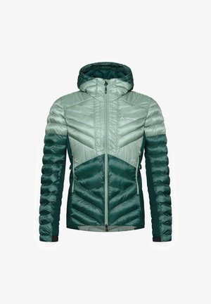 Grüne isolierte Jacke mit Kapuze, mit Chevron-Muster, glänzender Textur, durchgehendem Reißverschluss und elastischen Bündchen. Logo sichtbar auf der Brust.