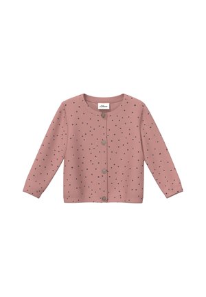 Langärmelige, staubrosa Strickjacke mit kleinen schwarzen Polka-Dots und vier Knöpfen vorne, mit rundem Halsausschnitt.