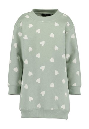 Lysegrøn langærmet sweatshirt med hvide hjerte-mønstre, ribbede manchetter og kant samt rund halsudskæring.
