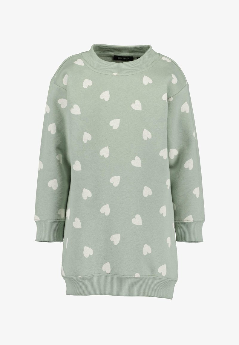 Sweat-shirt à manches longues vert clair avec des motifs de cœurs blancs, des poignets et un ourlet côtelés, et un col rond.