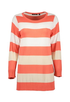 Gestreifter Pullover in Koralle und Creme mit langen Ärmeln, rundem Halsausschnitt und gerippten Bündchen. Weicher Stoff, lässiges Design, leichtes Material.