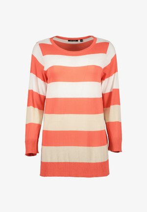 Sweter długi rękaw w paski koloru koralowego i kremowego, z okrągłym dekoltem i prążkowanymi mankietami. Miękka tekstura, swobodny fason, lekki materiał.