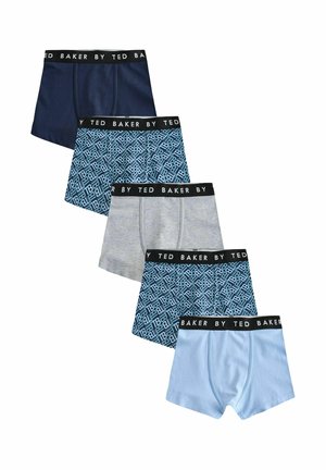 Pět párů pánských boxerů v námořnické modři, s modrým logem, šedé, s modrým logem a světle modré, každý s černým pasem označeným "Ted Baker".