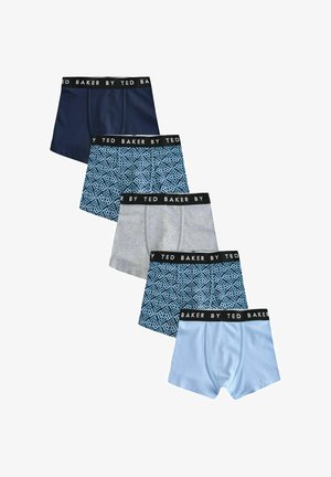 Cinci perechi de boxeri pentru bărbați în bleumarin, model cu logo albastru, gri, model cu logo albastru și albastru deschis, fiecare cu talie neagră cu marcajul "Ted Baker."