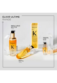 Kérastase Elixir Ultime Sortiment mit einer nachfüllbaren 75-ml-Flasche, einem 75-ml-Nachfüllbeutel, einer 30-ml-Reisegröße und gelber Produktverpackung.