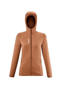 Veste à capuche de couleur marron chaud avec une finition texturée, fermeture éclair sur le devant et deux poches latérales. Comprend un logo sur la poitrine gauche.