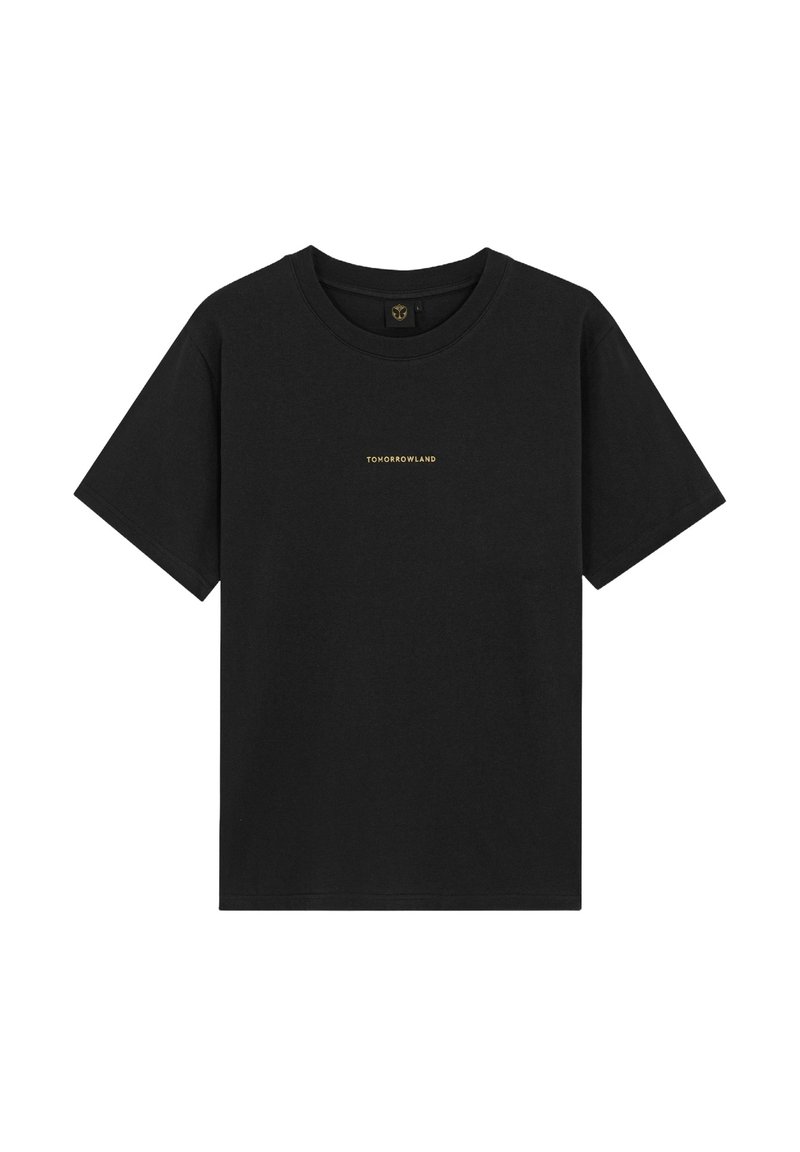 Zwart katoenen T-shirt met korte mouwen, ronde hals en een klein gouden "TOMORROWLAND" logo gecentreerd aan de voorkant. Glad textuur.