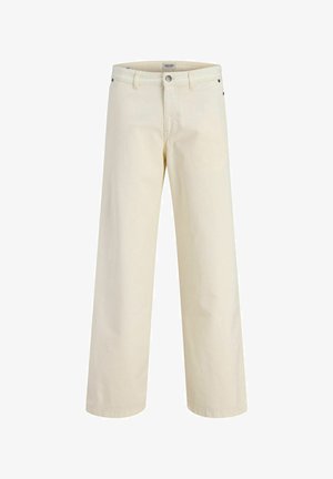 Kremfargede, rette bukser med beltehemper, frontknapp, glidelåslukking og sidelommer, vist på hvit bakgrunn.