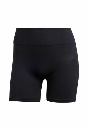 Shorts de sport noirs avec une taille haute, fabriqués en tissu lisse et extensible. Présentent un logo discret et une coupe ajustée.
