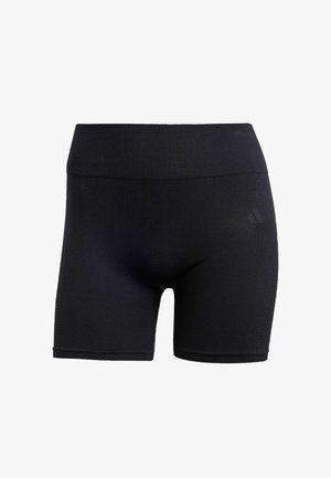 Pantalones cortos de entrenamiento negros con una cinturilla alta, confeccionados en una tela suave y elástica. Presenta un branding sutil y un diseño ajustado.