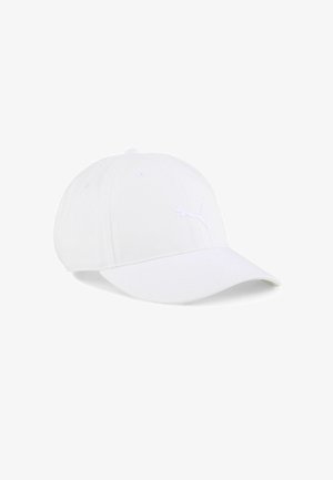 Cappellino da baseball bianco in tessuto con visiera curva, dotato di un logo ricamato sul fronte. Straps regolabile sul retro.