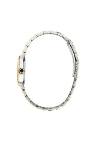 Orologio in acciaio inossidabile con bracciale a maglie bicolore, caratterizzato da un quadrante rettangolare, dettagli dorati e una corona centrale nera.