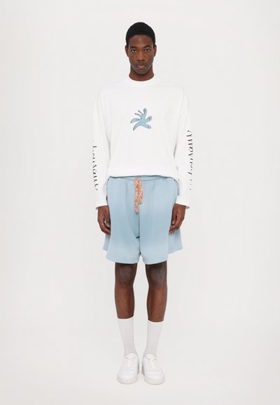 Cămașă albă cu mâneci lungi, având un design abstract albastru pe piept; pantaloni scurți bleu deschis cu un șnur multicolor; adidași și șosete albe.