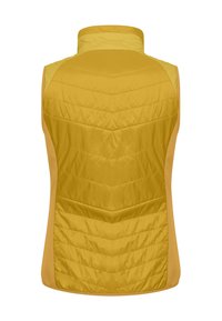 Veste matelassée jaune sans manches avec col haut et surpiqûres en chevron dans le dos, avec tissu lisse sur les côtés.