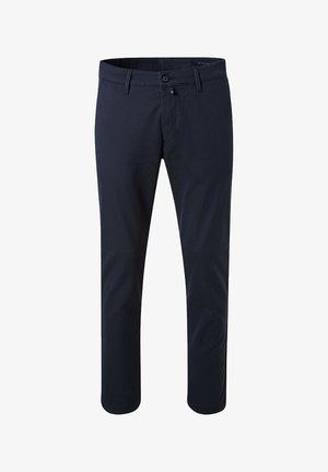 Navyblaue Chinos aus einem Baumwollmischgewebe mit flachem Frontdesign, Gürtelschlaufen, Reißverschluss und einem normalen Schnitt mit schmal zulaufenden Beinen.