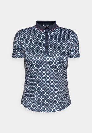 Polo shirt met korte mouwen in marineblauw met een geometrisch bloempatroon. Heeft een effen kraag en knoopsluiting, en subtiele rode accentsteek.