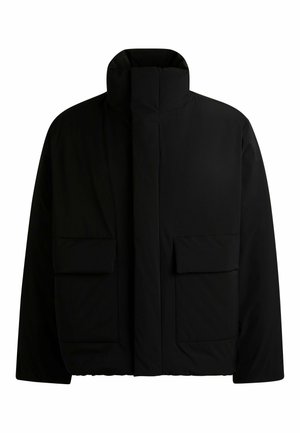 Black puffer jacket with a high collar, featuring two front flap pockets, a straight cut, and a smooth, matte texture.