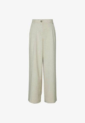 Pantaloni beige a gamba larga realizzati in tessuto misto lino, con vita alta, pieghe frontali e chiusura a un bottone.