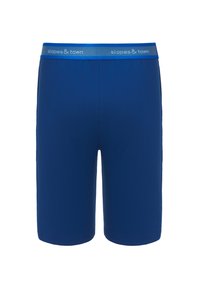 Blauwe shorts van een gladde stof met een elastische tailleband, voorzien van het logo "slopes & town" in lichtblauw. Klassiek knielang ontwerp.